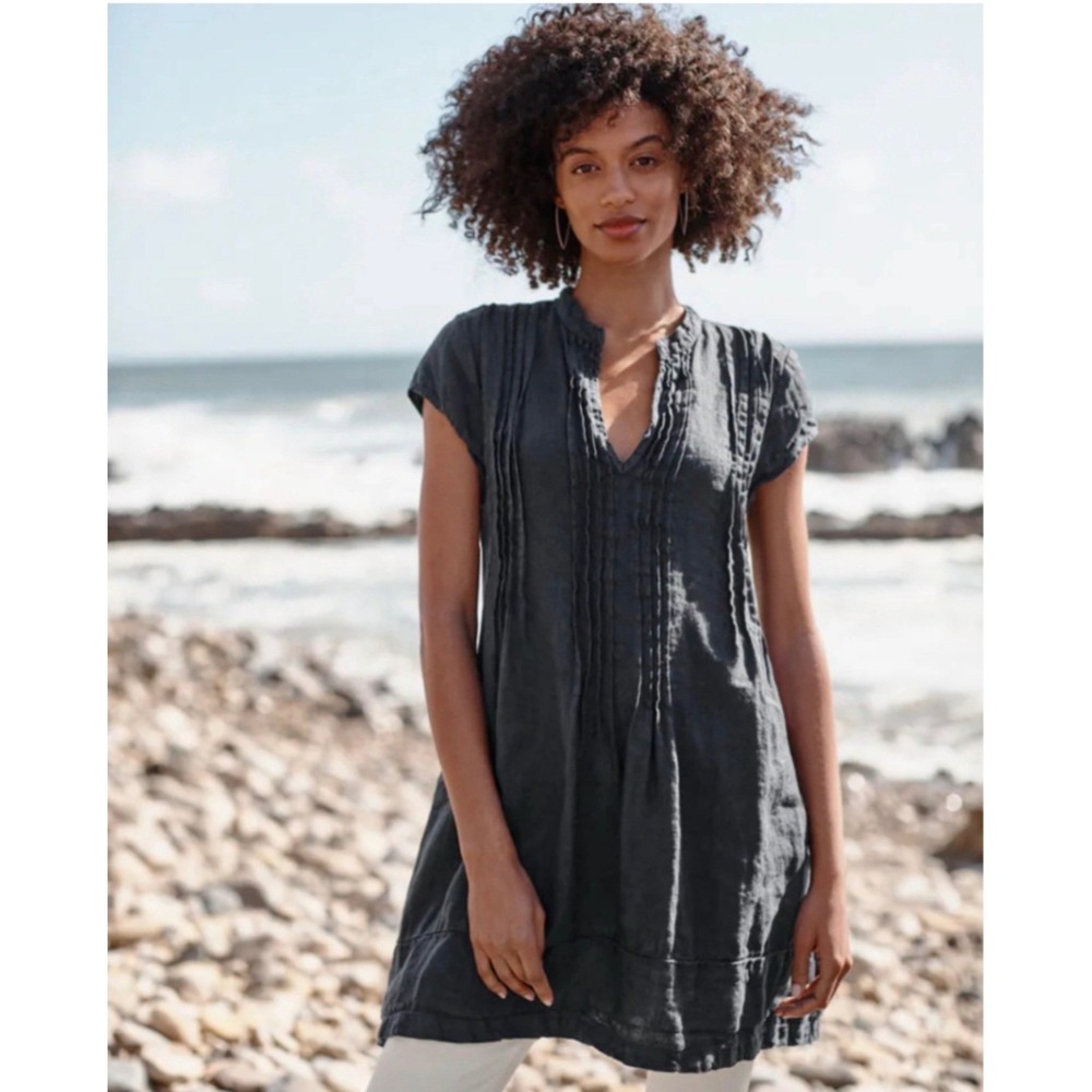 M18 CP Shades Regina Twill Tunic Linen Pintuck Pleated VNeck Top Charcoal Grey L